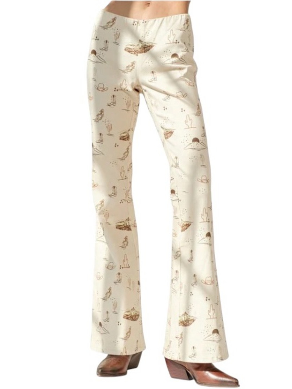 New blue b Cream Brown Rodeo Horse Cactus Cowboy Boots Hat Flare Pull On Pants - Picture 5 of 7